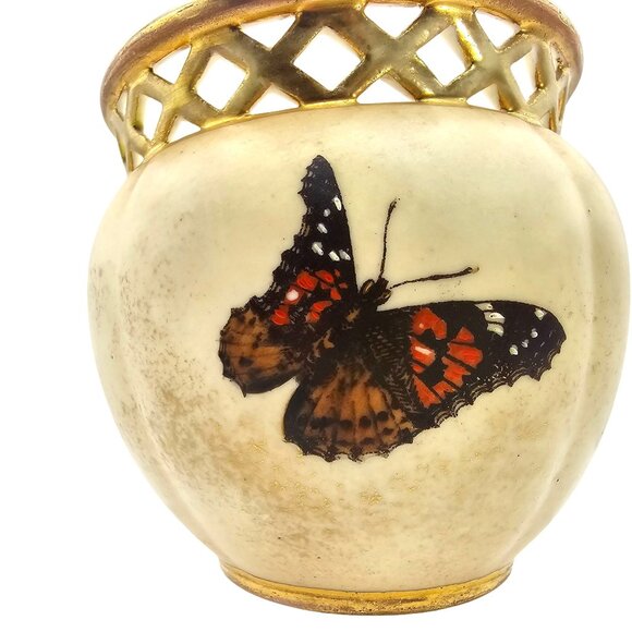 Antique 1893 Robert Hanke Porcelain Vase Lattice Rim Orchid Butterfly Design - Picture 2 of 16